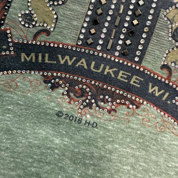 Harley-Davidson Top‎ Womens M Green Studded American Pride Milwaukee Tie Sleeves - Picture 8 of 8